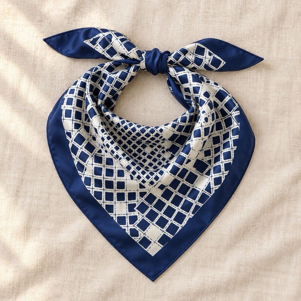 Vintage Navy Blue Cream Geometric Square Scarf Neckerchief Bandana 27”